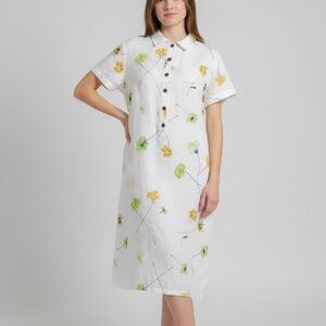 Kiko 100% Linen Floral Shirt Dress Midi Button Front White Green Yellow M